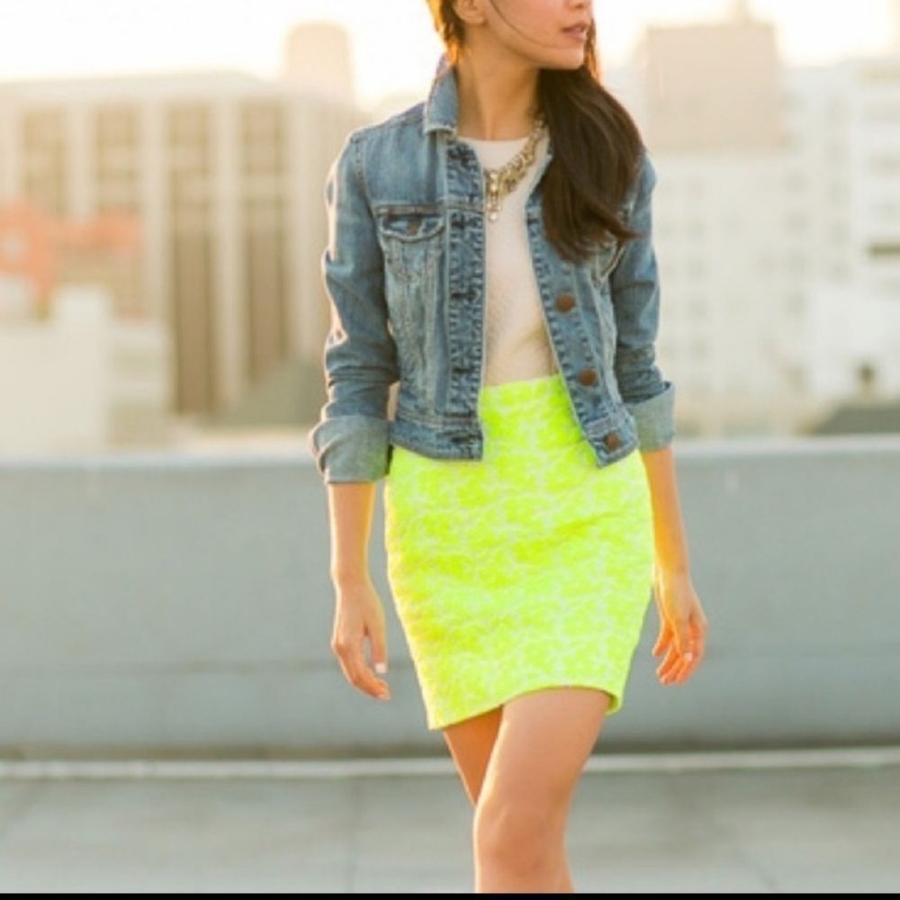 J. Crew florescent yellow embroidered floral skirt size 8!